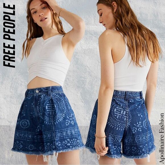 FREE PEOPLE AMELIA PRINTED SHORTS DENIM BLUE ON BLUE NWT 25 - Picture 1 of 8